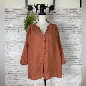J. Jill Pure Jill Linen Burnt Orange Terracotta Loop Button Blouse
